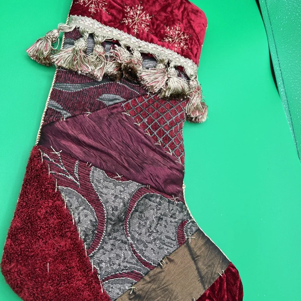 Christmas Stocking quilted Tapestry Tassels‎ Satin Ribbon Mixed Fabrics 18